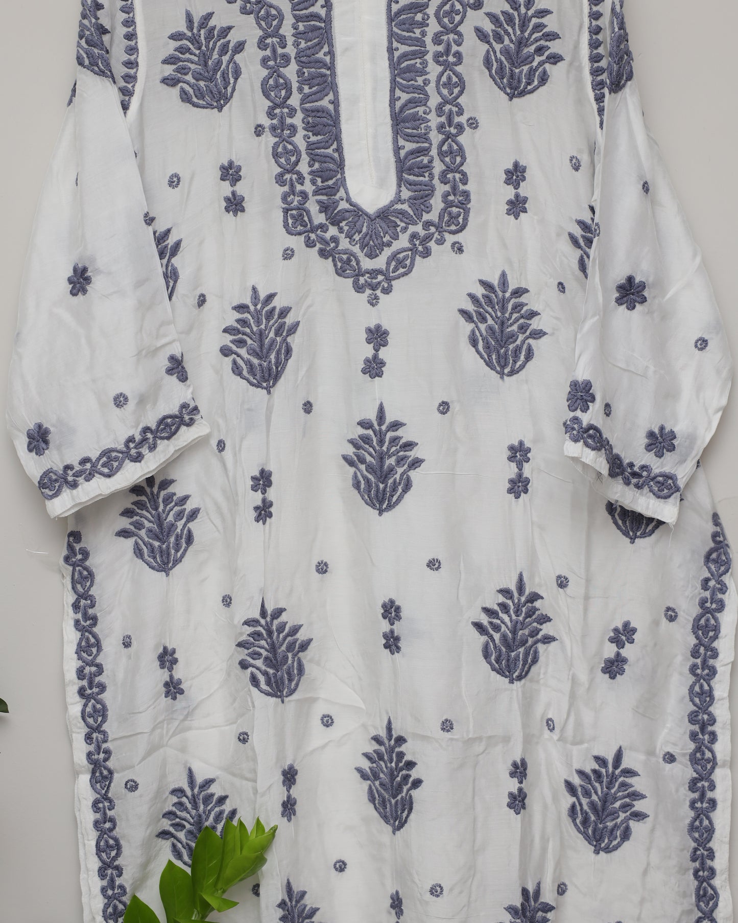 Pearl white Silk with Grey Embroidery
