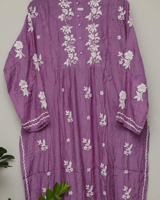 Chikankari on plum color with closed neck and curvey embossed borders