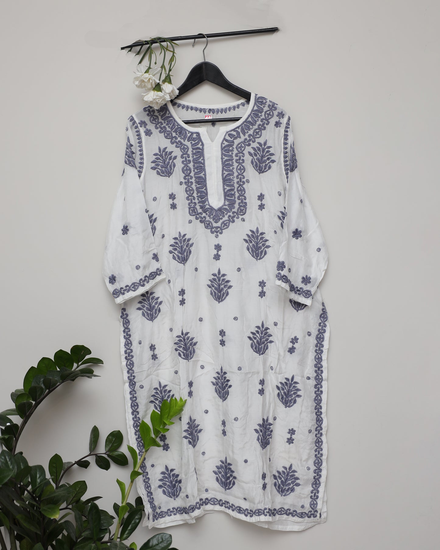 Pearl white Silk with Grey Embroidery