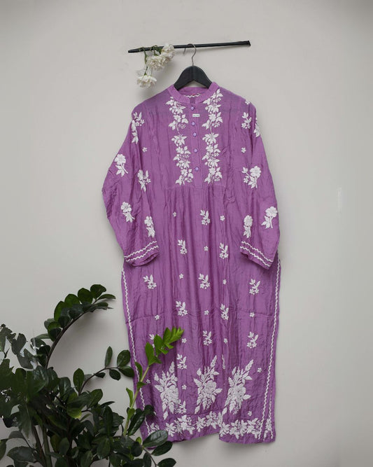 Chikankari on plum color with closed neck and curvey embossed borders