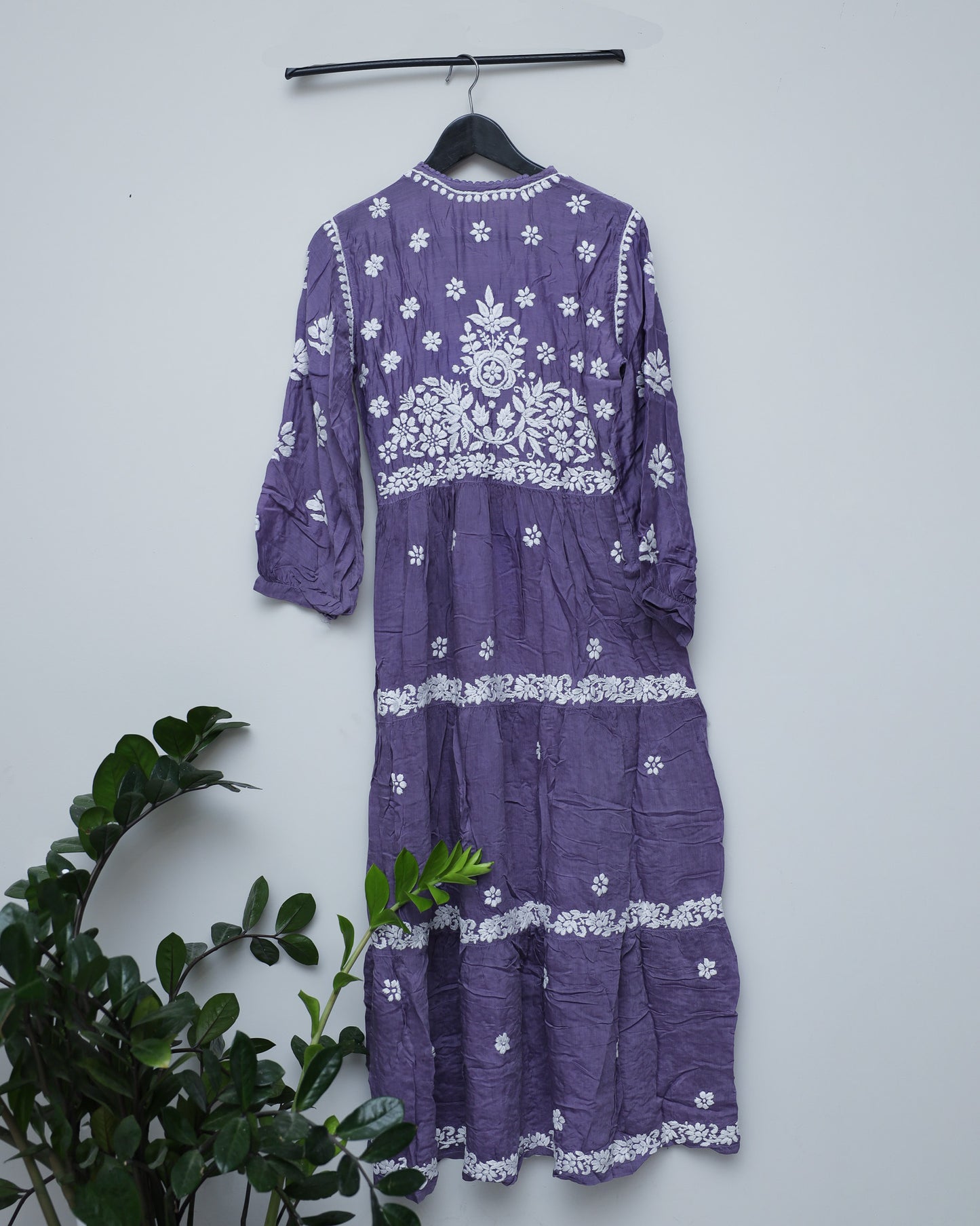 Ink blue silk kurti with white chikankari handwork & full frill A line border