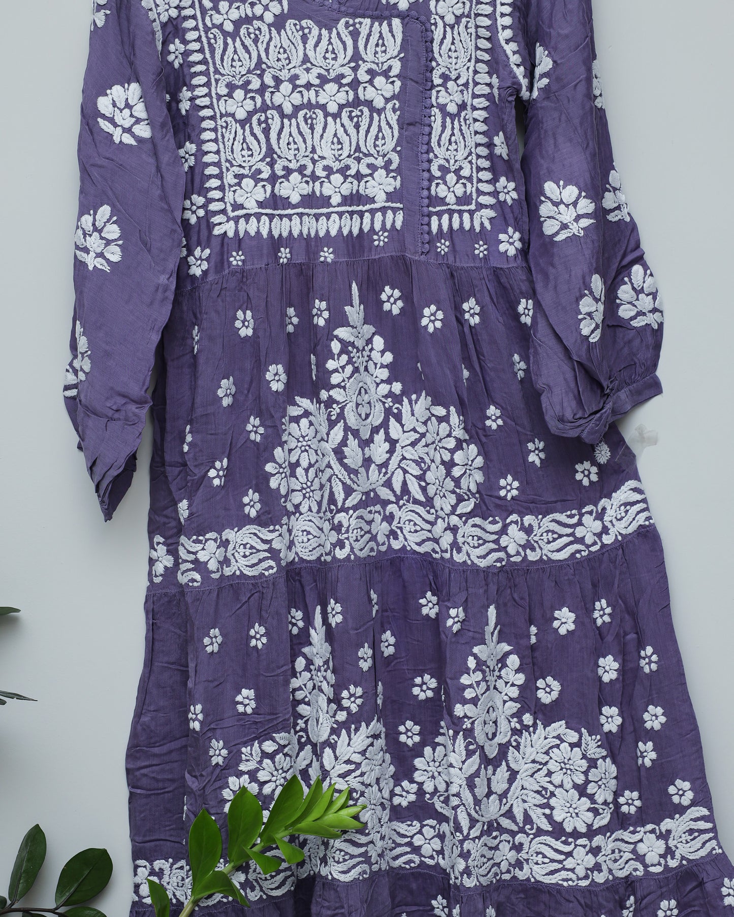 Ink blue silk kurti with white chikankari handwork & full frill A line border