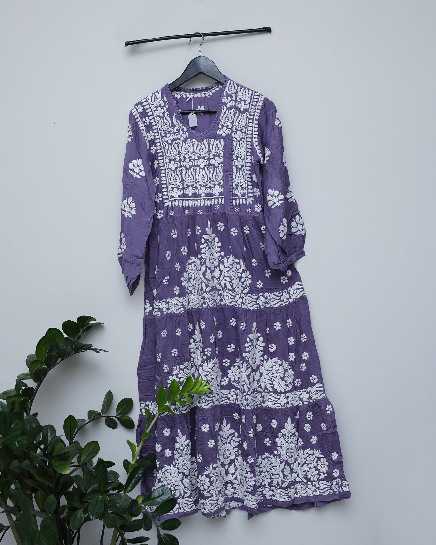 Ink blue silk kurti with white chikankari handwork & full frill A line border