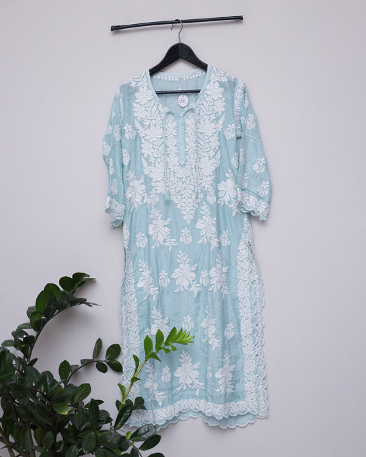 Cool Green silk chikankari handwork kurti with curves with the borders across the flow