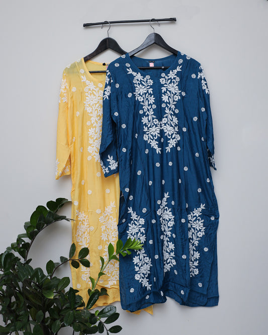 Full bottom white handwork with peacock blue silk shade